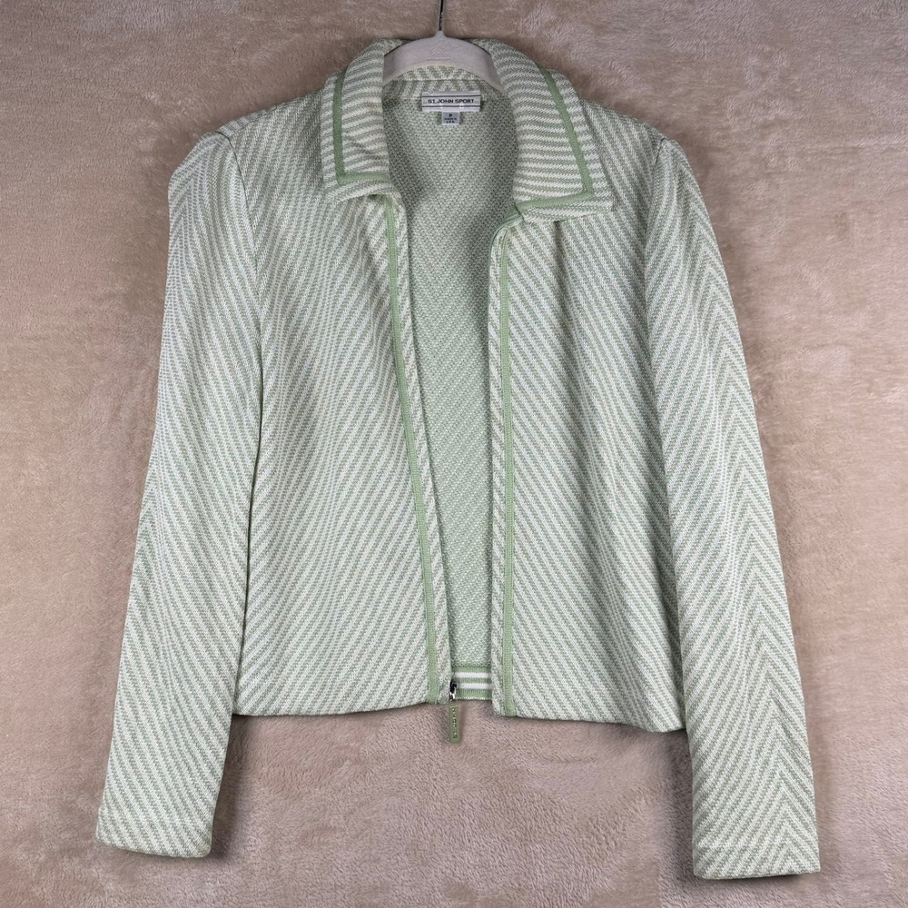 St John Sport Knit Jacket Women's Green White Chevron Zip Up Blazer P